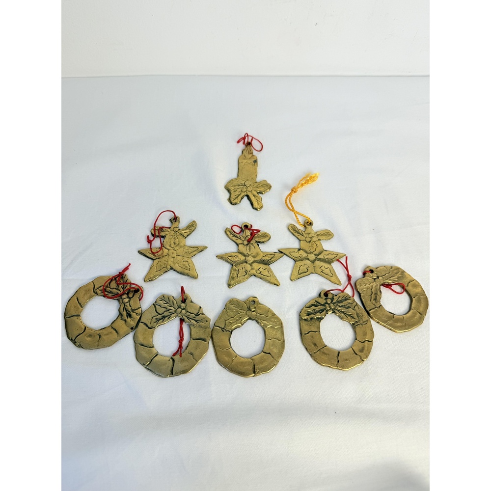 Vintage Brass Red Yellow Loops Christmas Handmade Wreath Star Ornament Set 9